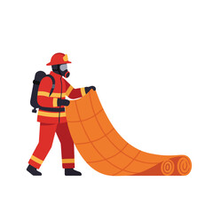 Fototapeta premium Firefighter in protective gear rolls out an orange rescue blanket