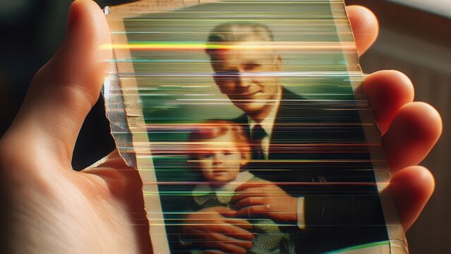 Hand holding a vintage photo of a man with child in pixelated style - Concept of Pixelated Future People and Everyday Life in Glitch Aesthetics - Powered by Adobe