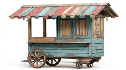 Rustic wooden market cart with multi-colored roof and wheels