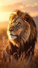 Majestic Lion Portrait at Golden Hour Warm Light on Furry Mane against Mountain Background Animal Kingdom