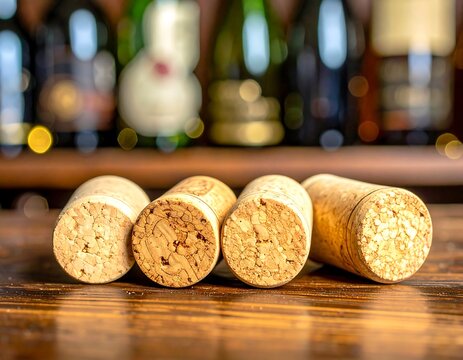 Wine corks on a wooden bar top