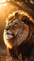 Majestic Lion Portrait Under Golden Sunbeams During Sunset With Brown and Golden Fur And Intense Gaze Animal Predator Wilderness Wildlife Safari Adventure Nature Conservation