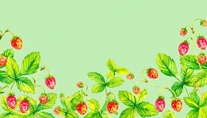 Watercolor painting of wild strawberries and leaves on a pale green background, forming a border