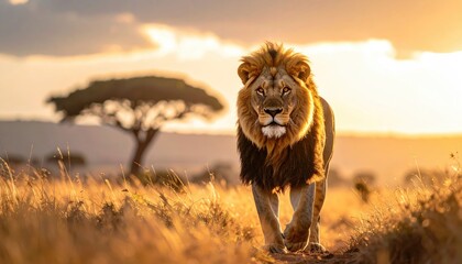 Majestic Lion Walks Through Golden Grassland at Sunset Wildlife Portrait in Warm Light with Soft Background Details Nature Photography