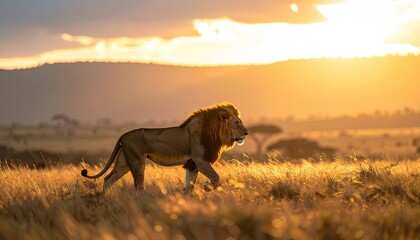 Majestic Lion Walking Through Golden Grassland at Sunset Warm Light in African Savanna Wildlife Cinematic Shot