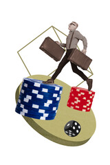 Composite trend artwork 3D sketch image photo collage of gambling betting game slot dice combination pile chip aged man carry baggage walk