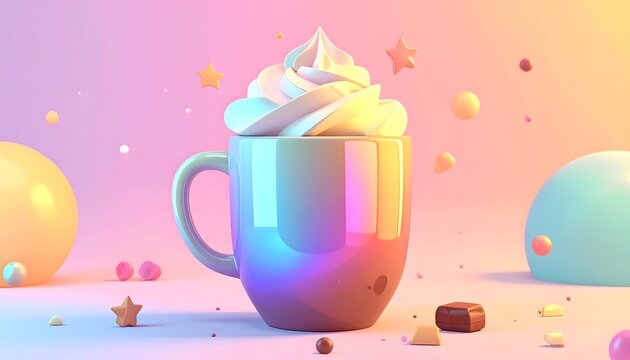 Whimsical Pastel Dream Iridescent Mug Cup with Whipped Cream Stars and Candies - Powered by Adobe