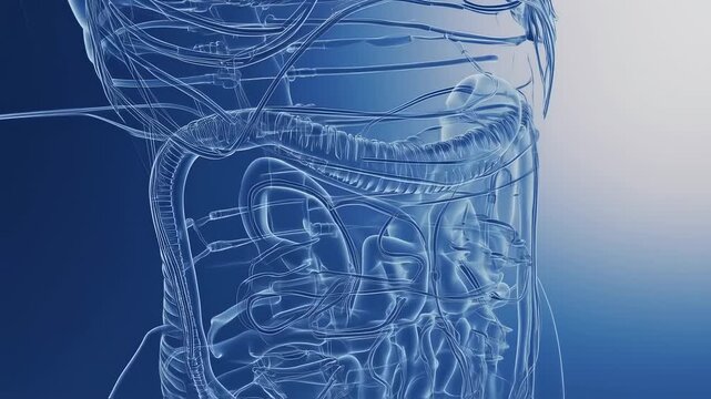 Human Digestive System X-Ray Scan with Intestines and Organs in Blue Light.