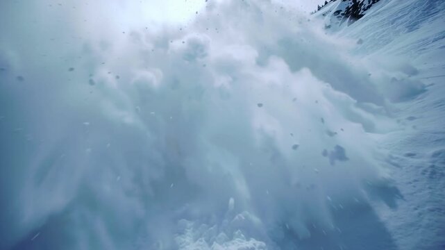 Snow avalanche sliding down from mountain in winter time