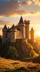 Majestic Medieval Castle on Hilltop at Sunset with Golden Light and Lush Greenery Landscape in Background