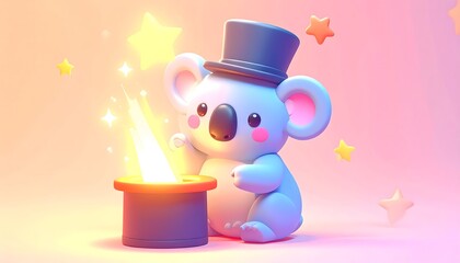 Naklejka premium Cute Kawaii Koala Magician Performing Magic Trick with Top Hat and Sparkling Lights Adorable 3D Render for Children s Designs