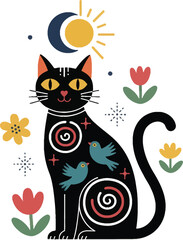 Black cat surrounded by flowers and a butterfly cartoon vector illustration