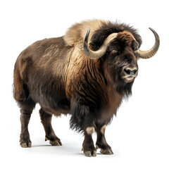 Realistic full body portrait of a musk ox standing in side view, isolated on white background, massive shaggy animal with thick dark brown winter coat, curved horns, calm eyes, cinematic photography, 