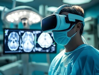 medical professional using virtual reality headset viewing brain scan imaging in modern hospital surgical environment