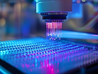 automated laboratory pipette dispensing liquid samples into multiwell plate for scientific research and medical testing analysis