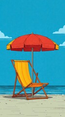 Beach chair and umbrella on sandy shore under blue sky illustration