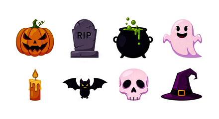 A Halloween sticker-style set featuring pumpkins ghost bat skull cauldron candle tombstone and witch hat in bright colors captures the playful and spooky energy of October�s most exciting holiday  