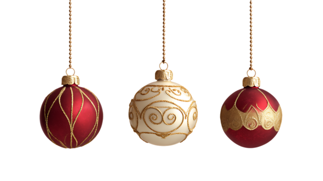 Three ornate christmas baubles hanging on gold strings, isolated on transparent background