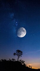 Majestic Moon Over Dark Silhouette Trees in Starry Night Blue Sky Awe Inspiring Celestial Landscape Glowing Horizon Dramatic Lighting