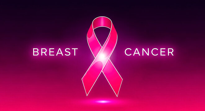 A glowing pink ribbon shines brightly at the center of a purple backdrop symbolizing Breast Cancer Awareness hope resilience and the global unity to fight against cancer with courage and compassion  