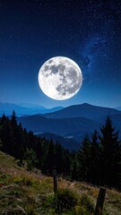 Majestic Moon Over Dark Mountain Range Under Starry Night Sky Featuring Towering Evergreen Trees in a Dreamy Serene Landscape with Pixelation Effect