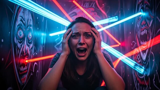 Woman terrified by flashing club lights, experiencing epilepsy fear in darkness