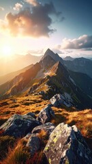 Majestic Mountain Peak Illuminated by Golden Sunlight with Rugged Terrain and Dramatic Clouds in Vivid Colors Landscape