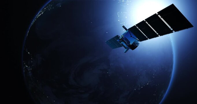 Communication satellite flying above earth in outer space. Technology and space related 3d animation.