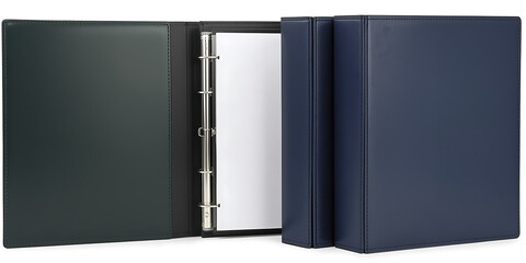 The image depicts two ring binders, one open and one closed, used for organizing documents, storing hole-punched paper, and creating a durable reference collection.