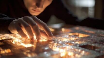 Intense Focus - Man Interacting with Illuminated Interactive Display.