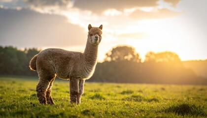 Majestic Alpaca Standing Gracefully in Green Meadow Bathed in Golden Sunlight Pastoral Scene of a Farm Animal in Warm Natural Light