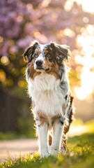 Majestic Australian Shepherd Strolling Under Sunlight with Cherry Blossoms a Boken Background on a green grass with bokeh style shot
