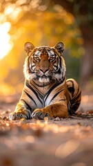 Majestic Bengal Tiger Portrait with Striking Black Stripes White Spots and Bright Orange Fur Sunlit Natural Habitat