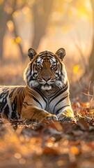 Majestic Bengal Tiger Resting in Golden Light Amidst Autumn Foliage Intense Gaze Powerful Wildlife Portrait Orange and Black Stripes in Natural Habitat