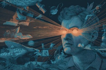 Intense Focus - Man with Laser Eyes Amidst Abstract Data Stream.