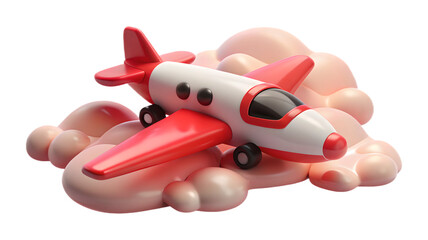 Cartoon airplane flying through fluffy pink clouds against a in a 3d render style