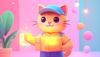 Naklejka premium Adorable Cartoon Cat Mascot Delivering Package with Happy Smile Cute Character for Delivery Service App E commerce Business Package Shipping Creative Mascot Design Digital Art