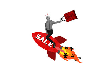 Composite photo collage of happy old man shopaholic rude rocket sale percent promo carry packages discount isolated on painted background