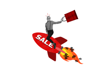 Composite photo collage of happy old man shopaholic rude rocket sale percent promo carry packages discount isolated on painted background