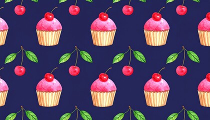 Watercolor pattern of pink cherry cupcakes on a dark blue background