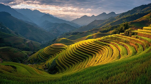Lush, terraced rice fields winding through a valley, lit by soft, golden light - Powered by Adobe
