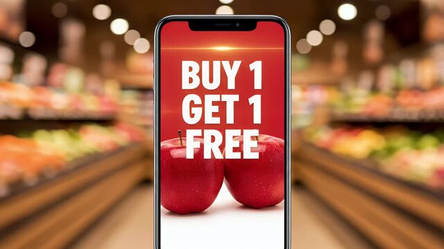 Digital grocery shopping app with 'Buy 1 Get 1 Free' offer on red apples at supermarket