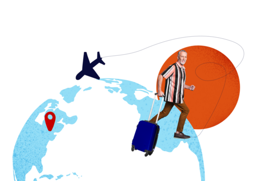 Creative collage picture elder pensioner man grandfather go abroad vacation departure booking tickets gps location drawing background