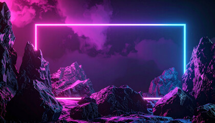 Abstract futuristic geometric shape floating above jagged rocky mountains