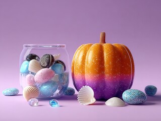 3D Render of Plasticine Pumpkin: Glass Seashells Filled, Neon Purple-Blue Gradient (White Background, Ethereal Details, Pastels, Hyper-Realistic Water)
