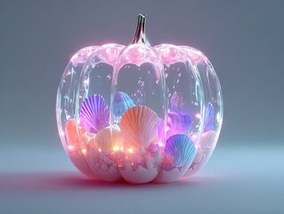 Minimalist 3D Render of Plasticine Pumpkin: Blue-Purple Seashells Filled, Inner Neon Light (White Background, Soft Pink Pastel Gradient)