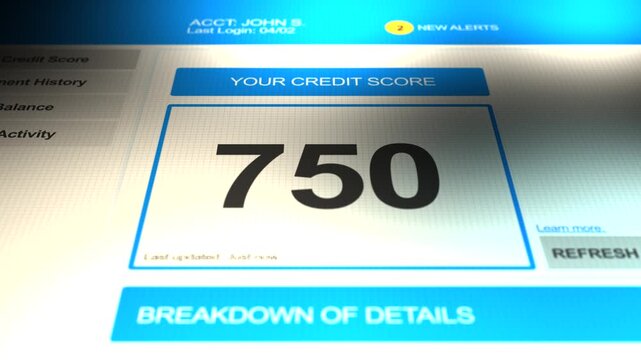 Camera pans across a credit score of 750 on generic website