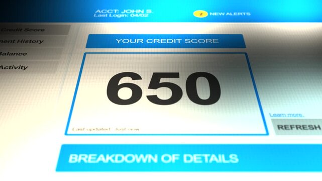 Camera pans across a credit score of 650 on generic website