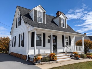 Exterior view of a small, charming Cape Cod style house with white siding, black shutters, dormer windows, and a covered front porch under a clear blue sky in autumn.