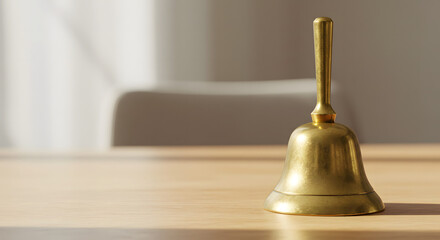 Golden bell placed on wooden table with soft natural lighting  
